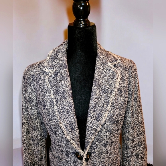 Tweed Fringe Trim Blazer-Navy Blue & White- Timeless Style - Picture 3 of 16